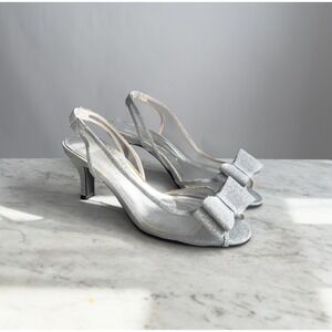 Caparros vtg sparkly silver big bow slingback peeptoe kitten heel sandals size 8